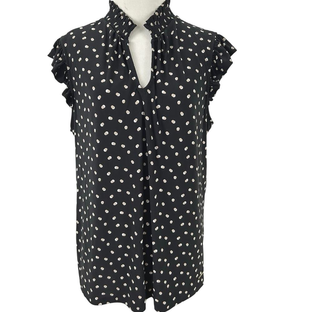 Anne Klein Black Tan Polka Dot Blouse L Smocked Ruffle Neck Flutter Sleeve
